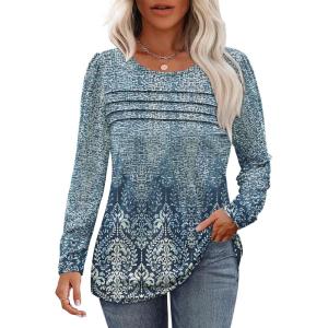 imageOFEEFAN Long Sleeve Shirts for Women Fall Fashion 2025 Dressy Casual Blouses Trendy Pleated Tunic Tops for LeggingsZfloral Beige Blue