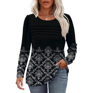 imageOFEEFAN Long Sleeve Shirts for Women Fall Fashion 2025 Dressy Casual Blouses Trendy Pleated Tunic Tops for LeggingsZfloral Black