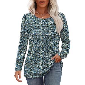 imageOFEEFAN Long Sleeve Shirts for Women Fall Fashion 2025 Dressy Casual Blouses Trendy Pleated Tunic Tops for LeggingsZfloral Blue