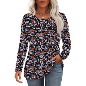 imageOFEEFAN Long Sleeve Shirts for Women Fall Fashion 2025 Dressy Casual Blouses Trendy Pleated Tunic Tops for LeggingsZfloral Multi