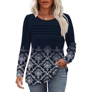 imageOFEEFAN Long Sleeve Shirts for Women Fall Fashion 2025 Dressy Casual Blouses Trendy Pleated Tunic Tops for LeggingsZfloral Navy