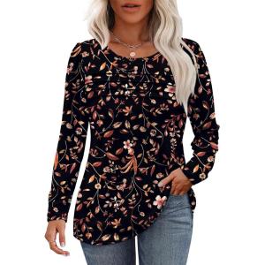 imageOFEEFAN Long Sleeve Shirts for Women Fall Fashion 2025 Dressy Casual Blouses Trendy Pleated Tunic Tops for LeggingsZfloral Orange