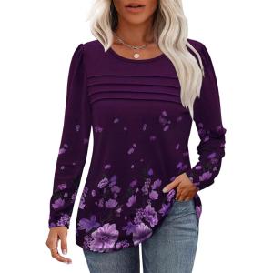 imageOFEEFAN Long Sleeve Shirts for Women Fall Fashion 2025 Dressy Casual Blouses Trendy Pleated Tunic Tops for LeggingsZfloral Purple