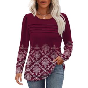 imageOFEEFAN Long Sleeve Shirts for Women Fall Fashion 2025 Dressy Casual Blouses Trendy Pleated Tunic Tops for LeggingsZfloral Wine