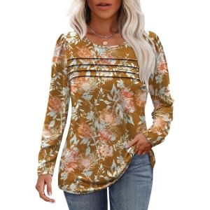 imageOFEEFAN Long Sleeve Shirts for Women Fall Fashion 2025 Dressy Casual Blouses Trendy Pleated Tunic Tops for LeggingsZfloral Yellow Brown