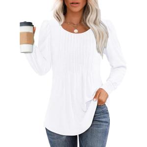 imageOFEEFAN Long Sleeve Shirts for Women Fall Tops Dressy Casual Blouses Pleated Scooped Neck Tunic Tops for Leggings0white
