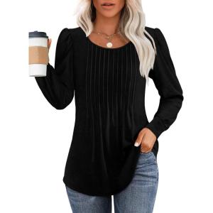imageOFEEFAN Long Sleeve Shirts for Women Fall Tops Dressy Casual Blouses Pleated Scooped Neck Tunic Tops for Leggings1black