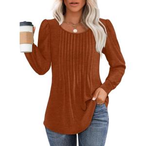 imageOFEEFAN Long Sleeve Shirts for Women Fall Tops Dressy Casual Blouses Pleated Scooped Neck Tunic Tops for Leggings1caramel