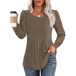 imageOFEEFAN Long Sleeve Shirts for Women Fall Tops Dressy Casual Blouses Pleated Scooped Neck Tunic Tops for Leggings1coffee