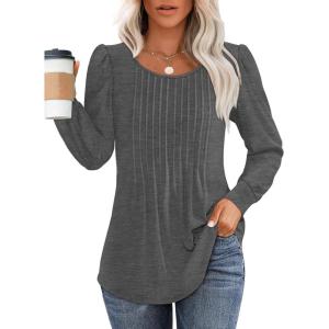 imageOFEEFAN Long Sleeve Shirts for Women Fall Tops Dressy Casual Blouses Pleated Scooped Neck Tunic Tops for Leggings1dark Grey