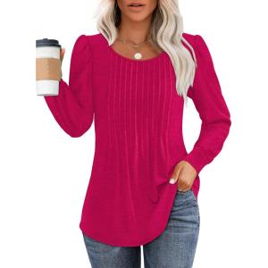 imageOFEEFAN Long Sleeve Shirts for Women Fall Tops Dressy Casual Blouses Pleated Scooped Neck Tunic Tops for Leggings1hot Pink