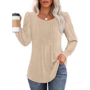 imageOFEEFAN Long Sleeve Shirts for Women Fall Tops Dressy Casual Blouses Pleated Scooped Neck Tunic Tops for Leggings1khaki
