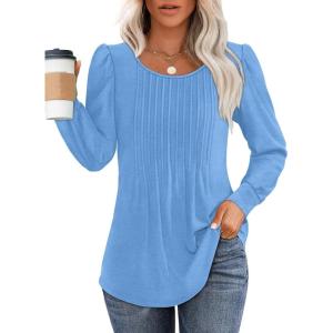 imageOFEEFAN Long Sleeve Shirts for Women Fall Tops Dressy Casual Blouses Pleated Scooped Neck Tunic Tops for Leggings1light Blue