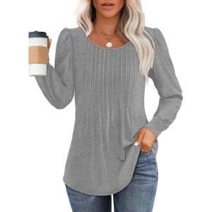 imageOFEEFAN Long Sleeve Shirts for Women Fall Tops Dressy Casual Blouses Pleated Scooped Neck Tunic Tops for Leggings1light Grey