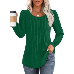 imageOFEEFAN Long Sleeve Shirts for Women Fall Tops Dressy Casual Blouses Pleated Scooped Neck Tunic Tops for Leggings1moss Green