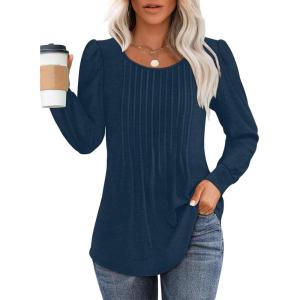 imageOFEEFAN Long Sleeve Shirts for Women Fall Tops Dressy Casual Blouses Pleated Scooped Neck Tunic Tops for Leggings1navy Blue