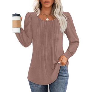 imageOFEEFAN Long Sleeve Shirts for Women Fall Tops Dressy Casual Blouses Pleated Scooped Neck Tunic Tops for Leggings1nutmeg
