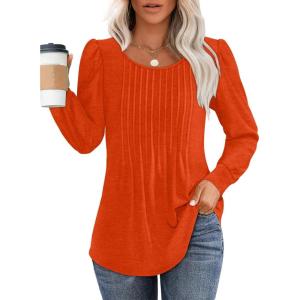 imageOFEEFAN Long Sleeve Shirts for Women Fall Tops Dressy Casual Blouses Pleated Scooped Neck Tunic Tops for Leggings1orange