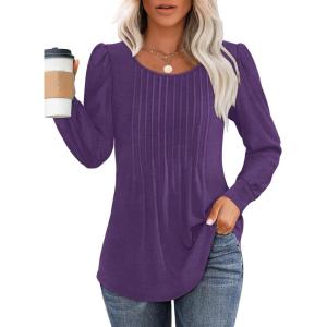 imageOFEEFAN Long Sleeve Shirts for Women Fall Tops Dressy Casual Blouses Pleated Scooped Neck Tunic Tops for Leggings1purple