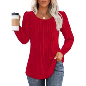 imageOFEEFAN Long Sleeve Shirts for Women Fall Tops Dressy Casual Blouses Pleated Scooped Neck Tunic Tops for Leggings1red