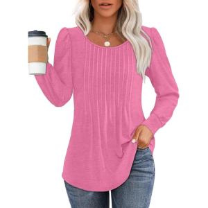 imageOFEEFAN Long Sleeve Shirts for Women Fall Tops Dressy Casual Blouses Pleated Scooped Neck Tunic Tops for Leggings1rose Pink