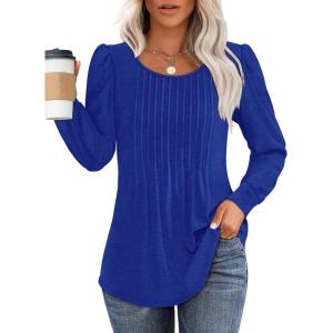 imageOFEEFAN Long Sleeve Shirts for Women Fall Tops Dressy Casual Blouses Pleated Scooped Neck Tunic Tops for Leggings1royal Blue