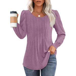 imageOFEEFAN Long Sleeve Shirts for Women Fall Tops Dressy Casual Blouses Pleated Scooped Neck Tunic Tops for Leggings1taro