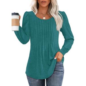 imageOFEEFAN Long Sleeve Shirts for Women Fall Tops Dressy Casual Blouses Pleated Scooped Neck Tunic Tops for Leggings1teal