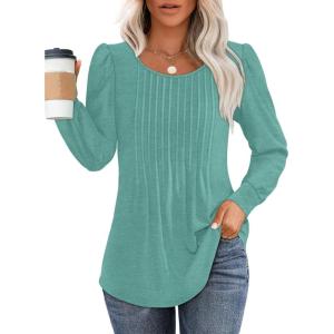 imageOFEEFAN Long Sleeve Shirts for Women Fall Tops Dressy Casual Blouses Pleated Scooped Neck Tunic Tops for Leggings1turquoise