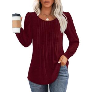 imageOFEEFAN Long Sleeve Shirts for Women Fall Tops Dressy Casual Blouses Pleated Scooped Neck Tunic Tops for Leggings1wine