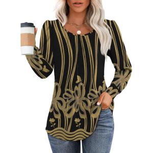 imageOFEEFAN Long Sleeve Shirts for Women Fall Tops Dressy Casual Blouses Pleated Scooped Neck Tunic Tops for Leggings2black Gold Lines