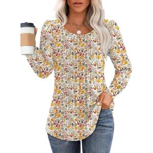 imageOFEEFAN Long Sleeve Shirts for Women Fall Tops Dressy Casual Blouses Pleated Scooped Neck Tunic Tops for Leggings2floral Beige