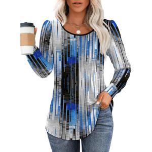 imageOFEEFAN Long Sleeve Shirts for Women Fall Tops Dressy Casual Blouses Pleated Scooped Neck Tunic Tops for Leggings3tech Print