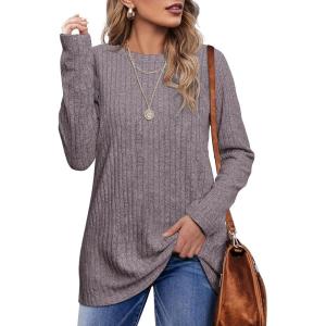 imageOFEEFAN Long Sleeve Shirts for Women Lightweight Crew Neck Casual Tunic TopsC05pink Grey