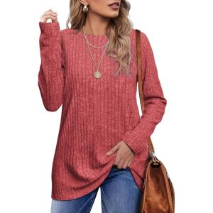 imageOFEEFAN Long Sleeve Shirts for Women Lightweight Crew Neck Casual Tunic TopsC10scarlet