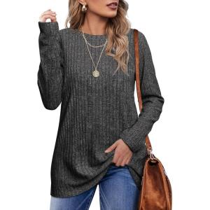 imageOFEEFAN Long Sleeve Shirts for Women Lightweight Crew Neck Casual Tunic TopsC25 Black Grey