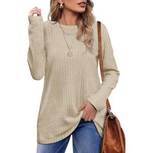 imageOFEEFAN Long Sleeve Shirts for Women Lightweight Crew Neck Casual Tunic TopsC29beige