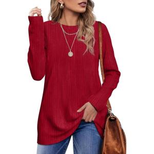 imageOFEEFAN Long Sleeve Shirts for Women Lightweight Crew Neck Casual Tunic TopsC33irregular Red