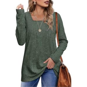 imageOFEEFAN Long Sleeve Shirts for Women Lightweight Crew Neck Casual Tunic TopsS01green
