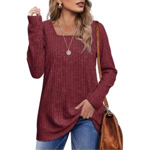 imageOFEEFAN Long Sleeve Shirts for Women Lightweight Crew Neck Casual Tunic TopsS02red