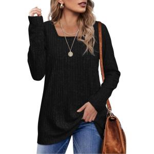 imageOFEEFAN Long Sleeve Shirts for Women Lightweight Crew Neck Casual Tunic TopsS03black