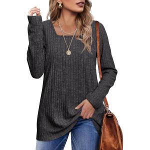 imageOFEEFAN Long Sleeve Shirts for Women Lightweight Crew Neck Casual Tunic TopsS07dark Grey