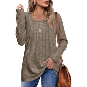 imageOFEEFAN Long Sleeve Shirts for Women Lightweight Crew Neck Casual Tunic TopsS08khaki