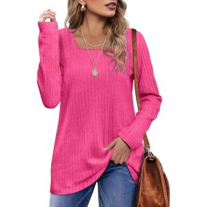 imageOFEEFAN Long Sleeve Shirts for Women Lightweight Crew Neck Casual Tunic TopsS09rose Pink