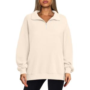 imageOFEEFAN Sweatshirts for Women Loose Fit Quarter Zip Pullover Lightweight Fall ClothesDapricot