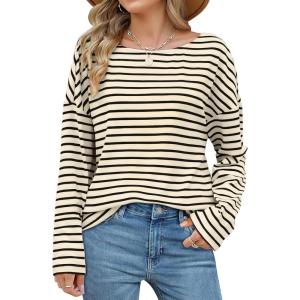 imageOFEEFAN Womens Long Sleeve Tops 2024 Striped Shirt Women Drop Shoulder Boat Neck Tops Loose Fit Casual ShirtsApricot Black