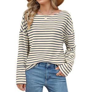 imageOFEEFAN Womens Long Sleeve Tops 2024 Striped Shirt Women Drop Shoulder Boat Neck Tops Loose Fit Casual ShirtsApricot Blue Stripe
