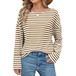 imageOFEEFAN Womens Long Sleeve Tops 2024 Striped Shirt Women Drop Shoulder Boat Neck Tops Loose Fit Casual ShirtsApricot Coffee Stripe