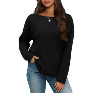 imageOFEEFAN Womens Long Sleeve Tops 2024 Striped Shirt Women Drop Shoulder Boat Neck Tops Loose Fit Casual ShirtsBlack