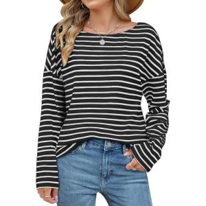 imageOFEEFAN Womens Long Sleeve Tops 2024 Striped Shirt Women Drop Shoulder Boat Neck Tops Loose Fit Casual ShirtsBlack White Stripe
